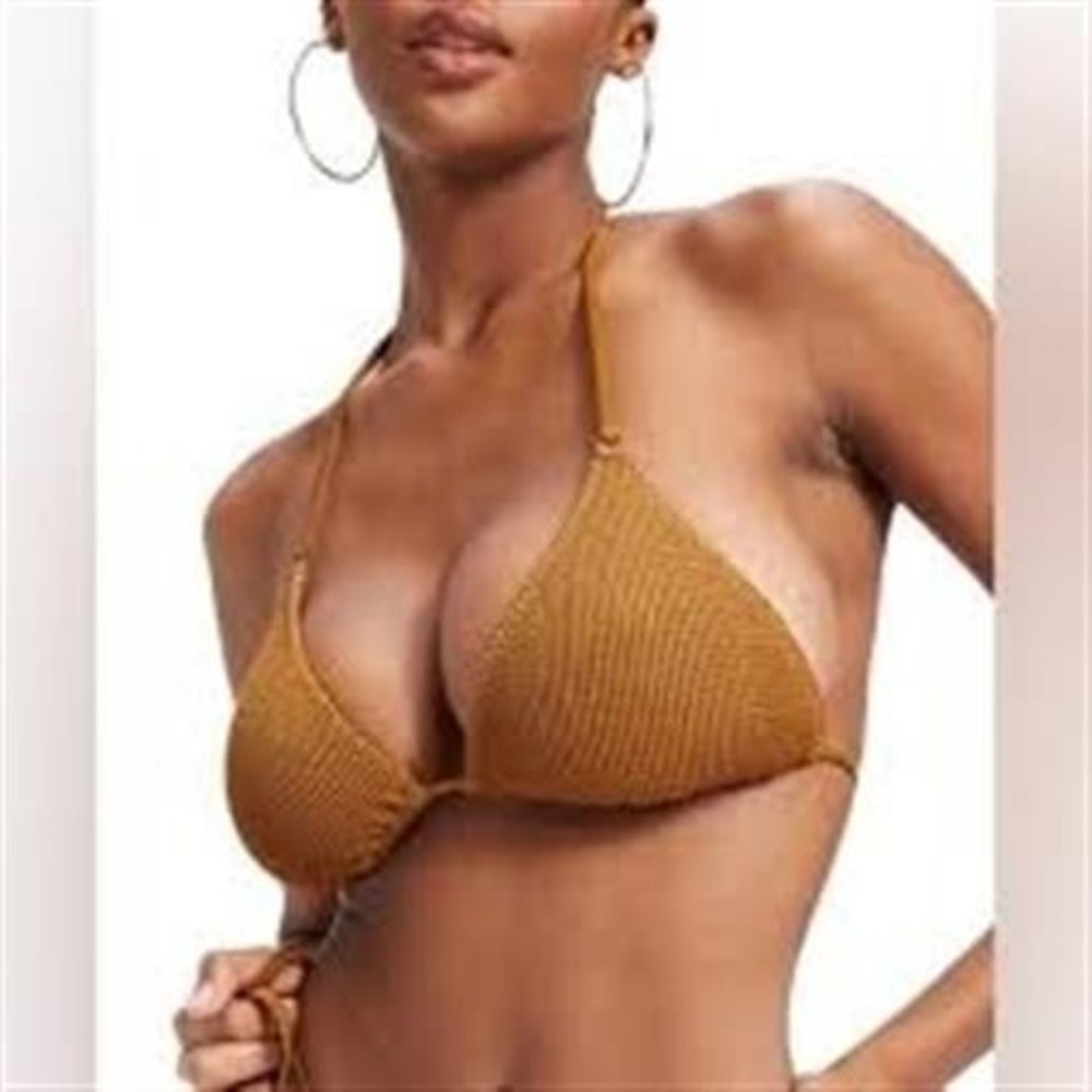 NWT Good American Sz M or 2 Always Fits Tie Halter Bronze Bikini Top 123144